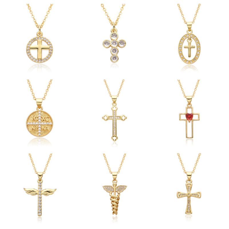 Copper Gold Plated Simple Style Shiny Cross Hollow Out Inlay Zircon Pendant Necklace