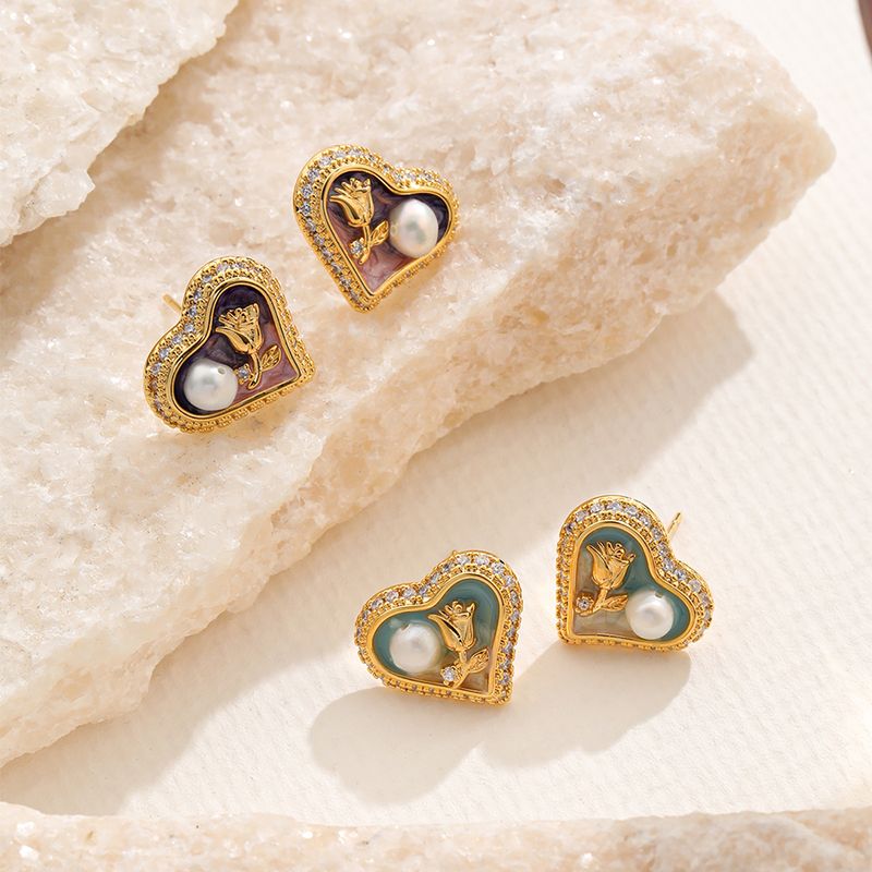 1 Pair Elegant Romantic Heart Shape Inlay Copper Freshwater Pearl Zircon 18K Gold Plated Ear Studs