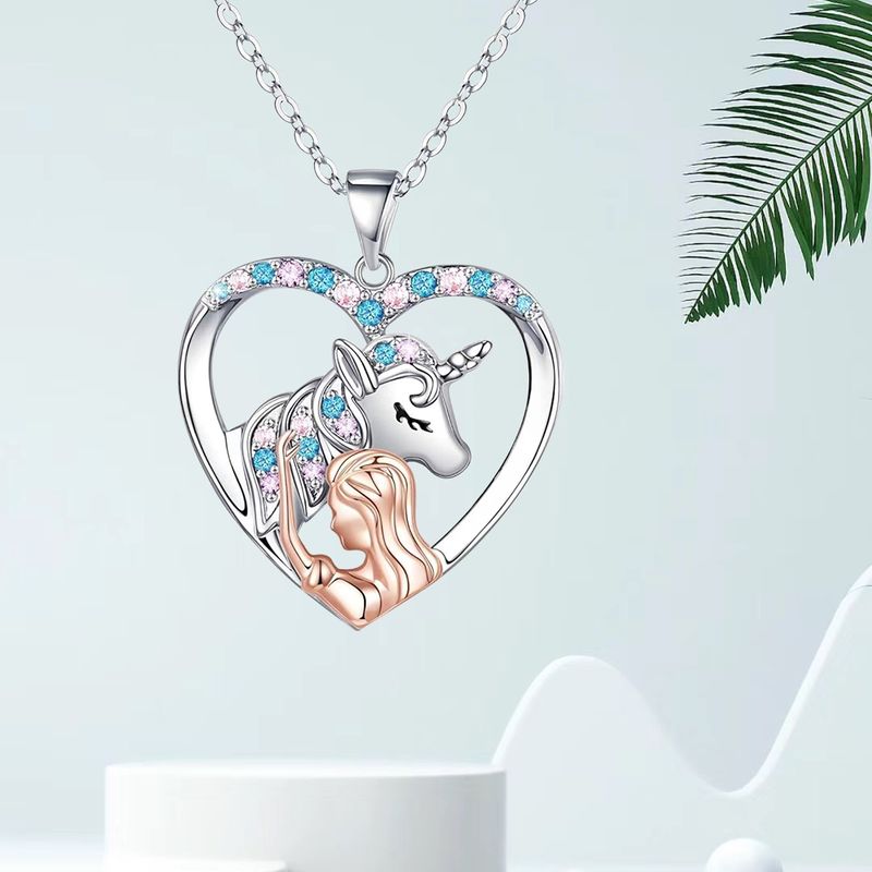 Cute Sweet Artistic Human Unicorn Alloy Hollow Out Inlay Artificial Rhinestones Silver Plated Children Unisex Pendant Necklace