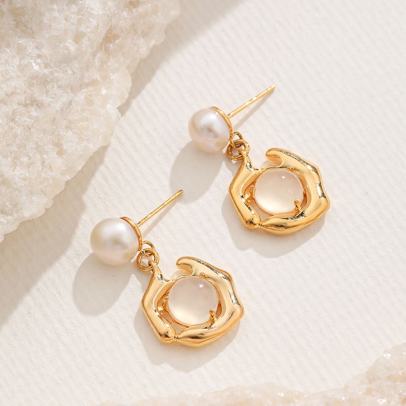 1 Pair Elegant Irregular Geometric Inlay Copper Natural Stone Freshwater Pearl 18K Gold Plated Drop Earrings