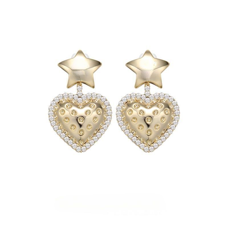 1 Pair Princess Sweet Star Heart Shape Carving Sterling Silver Rhinestones Drop Earrings