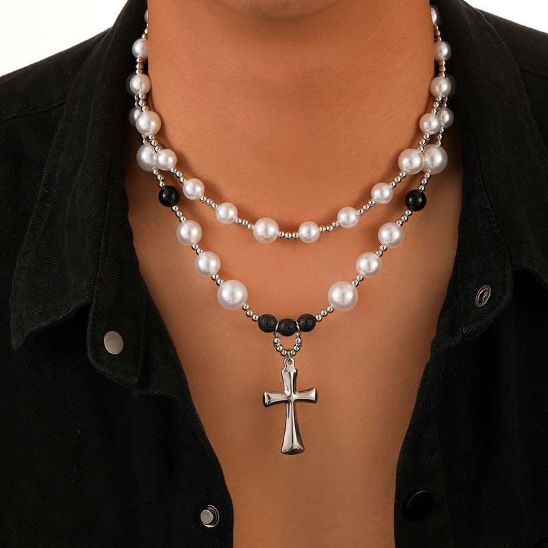 Rock Simple Style Streetwear Cross Stainless Steel Beaded Pearl Men's Pendant Necklace