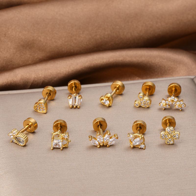 1 Piece Classic Style Heart Shape Polishing Plating Stainless Steel Copper Zircon 18K Gold Plated Ear Studs