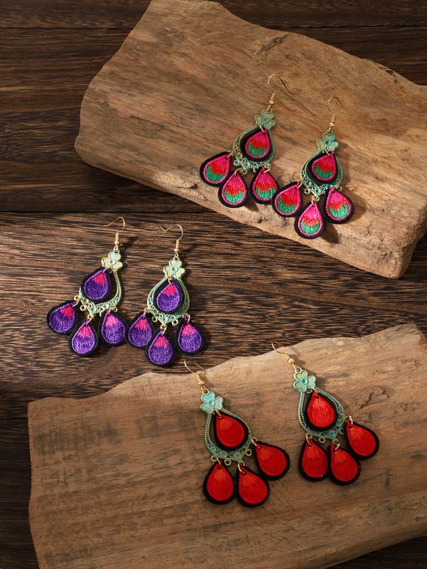 1 Pair Hawaiian Vacation Ethnic Style Water Droplets Embroidery Cloth Drop Earrings