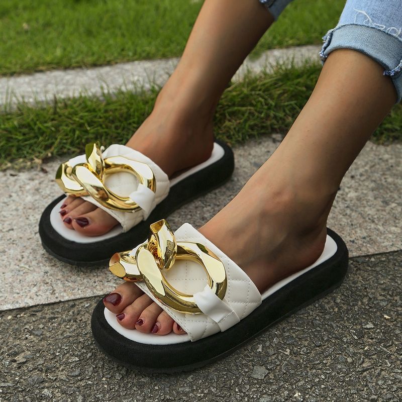 Women's Casual Solid Color Chain Round Toe Slides Slippers