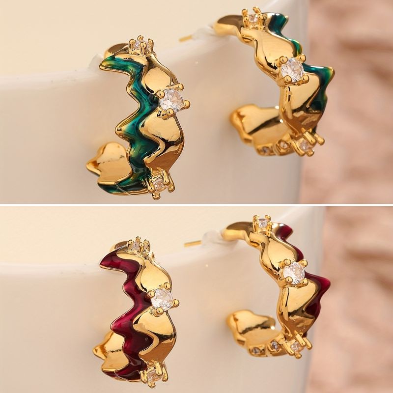 1 Pair Original Design Streetwear Waves Enamel Inlay Copper Zircon 18K Gold Plated Ear Studs