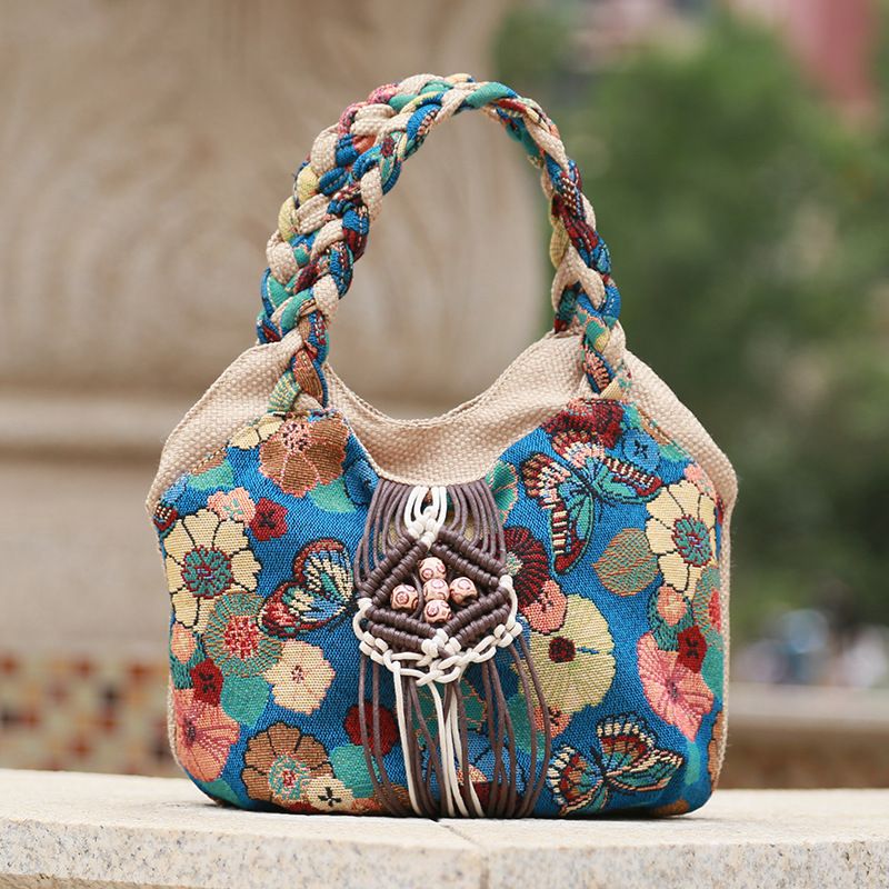 Women's Medium Cotton And Linen Blend Flower Vintage Style Square Zipper Underarm Bag