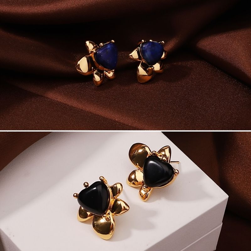 1 Pair Vacation Simple Style Heart Shape Flower Inlay Copper Lapis Lazuli Obsidian 18K Gold Plated Ear Studs