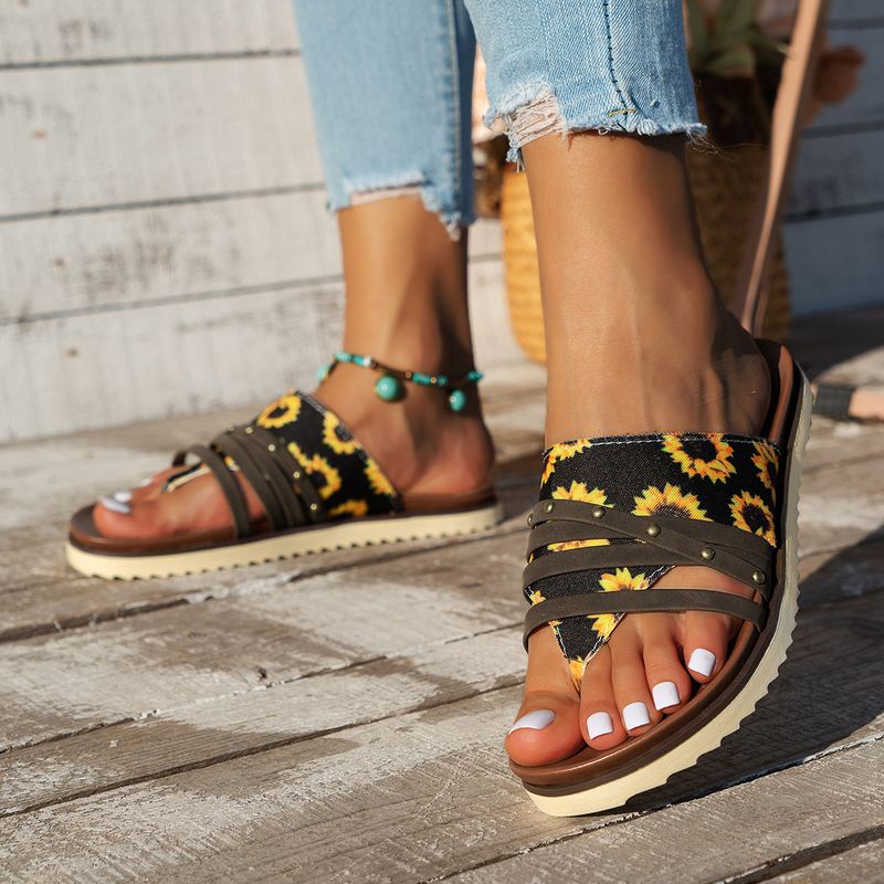 Women's Casual Sunflower Stripe Round Toe Open Toe Home Slippers