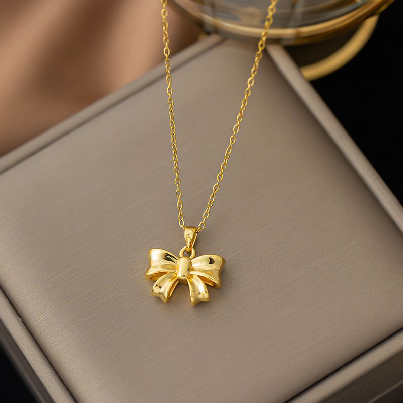 Titanium Steel Copper Gold Plated Simple Style Bow Knot Pendant Necklace