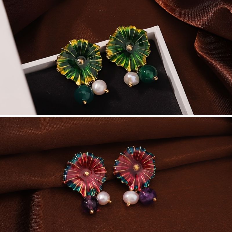 1 Paire Rétro Fleur Émail Perle Verre Le Cuivre Plaqué Or 18K Boucles D'oreilles