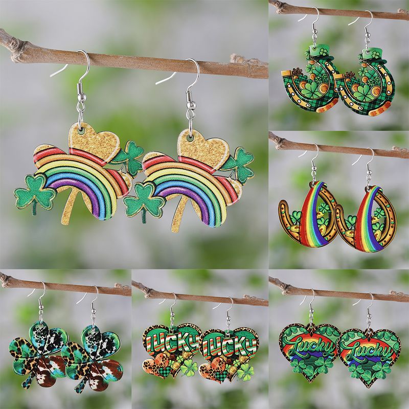 1 Pair Casual Shamrock Rainbow Wood Drop Earrings