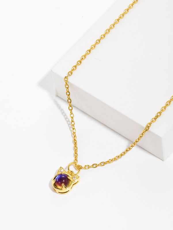 Copper 18K Gold Plated IG Style Cute Cat Inlay Zircon Pendant Necklace