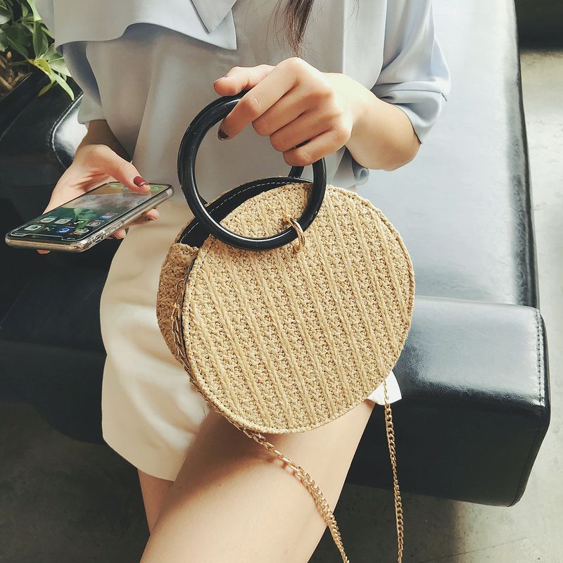 Women's Small Straw Color Block Vintage Style Zipper Circle Bag