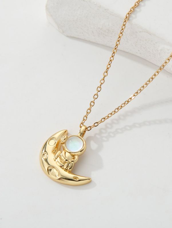 Copper 18K Gold Plated IG Style Astronaut Moon Inlay Zircon Pendant Necklace