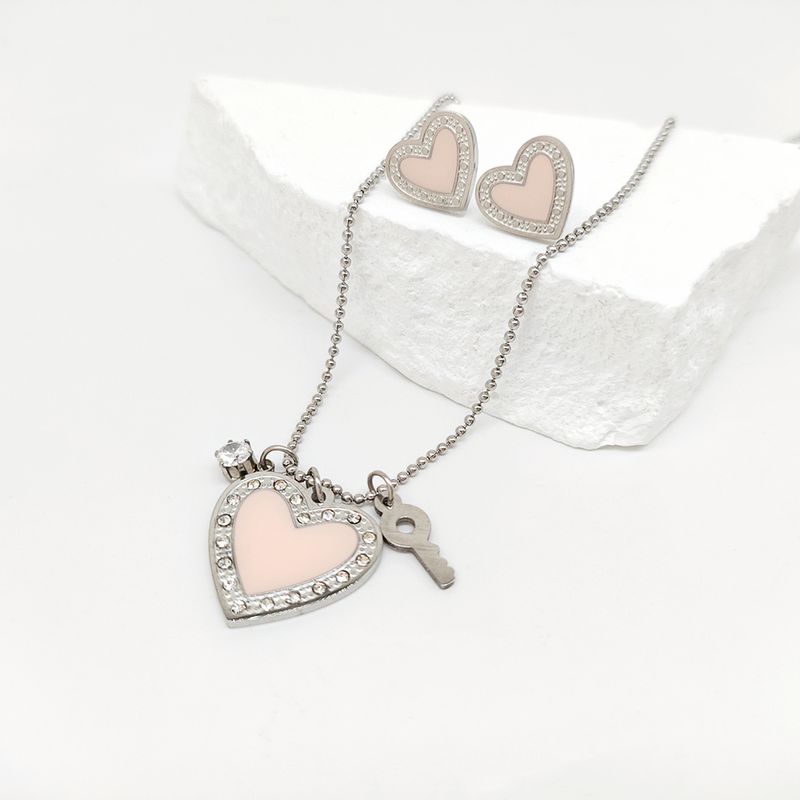 Stainless Steel 18K Gold Plated Casual Romantic Inlay Heart Shape Key Zircon Earrings Necklace