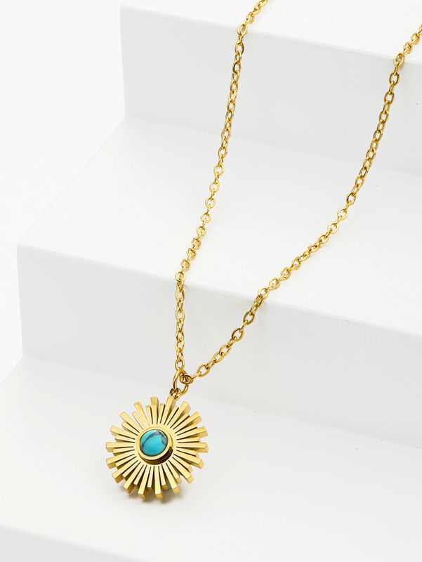 Stainless Steel 18K Gold Plated Retro Inlay Sun Oval Natural Stone Zircon Pendant Necklace