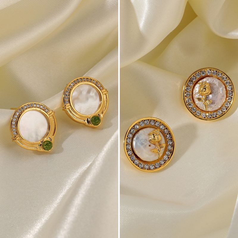 1 Par Elegante Retro Ronda Rosa Embutido Cobre Diamantes De Imitación Perlas De Agua Dulce Chapados en oro de 18k Pendientes