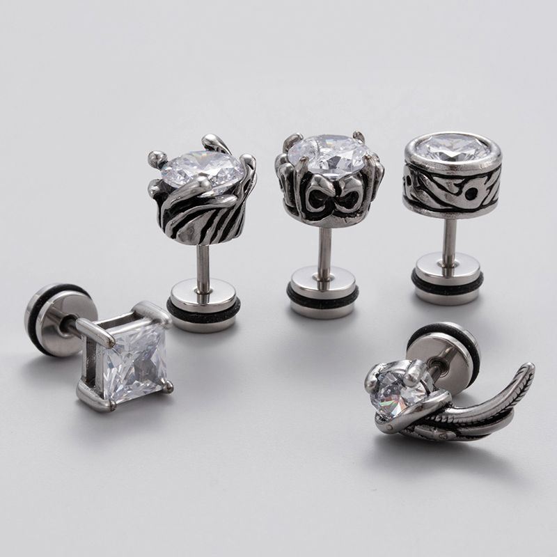1 Piece Vintage Style Geometric Solid Color Inlay Stainless Steel Zircon Ear Studs