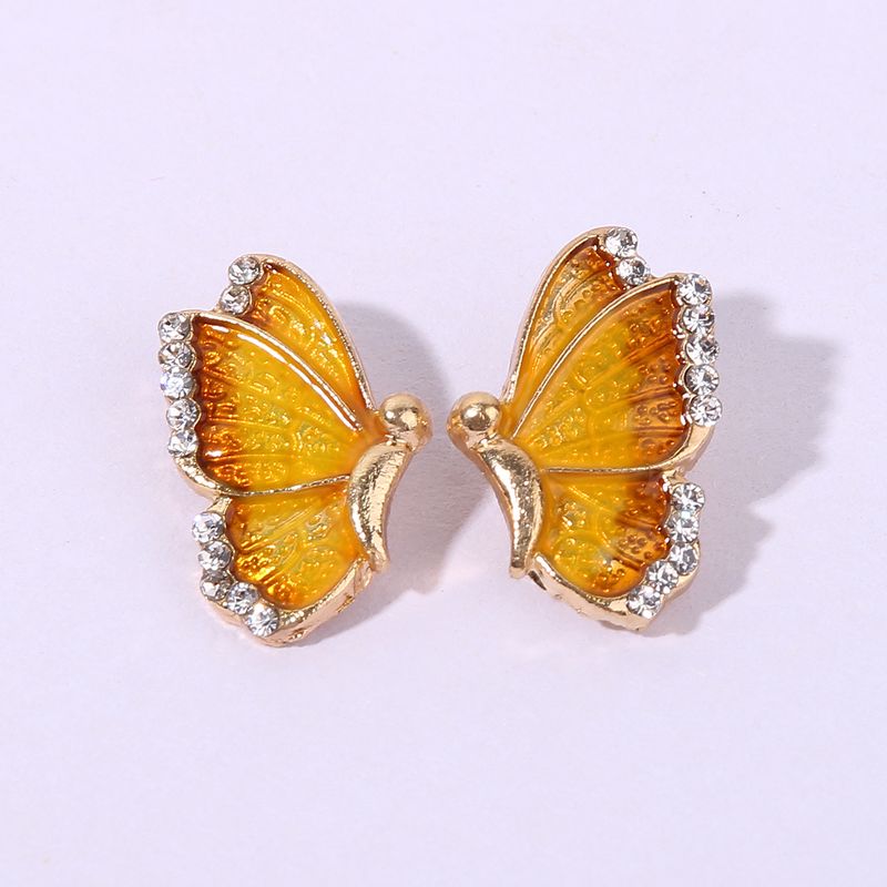 1 Paire Romantique Sucré Artistique Papillon Émail Incruster Alliage Strass Plaqué Or Boucles D'Oreilles