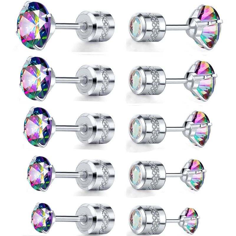 5 Paires Style Simple Rond Incruster Acier Inoxydable 304 Zircon Plaqué Or 18K Boucles D'Oreilles