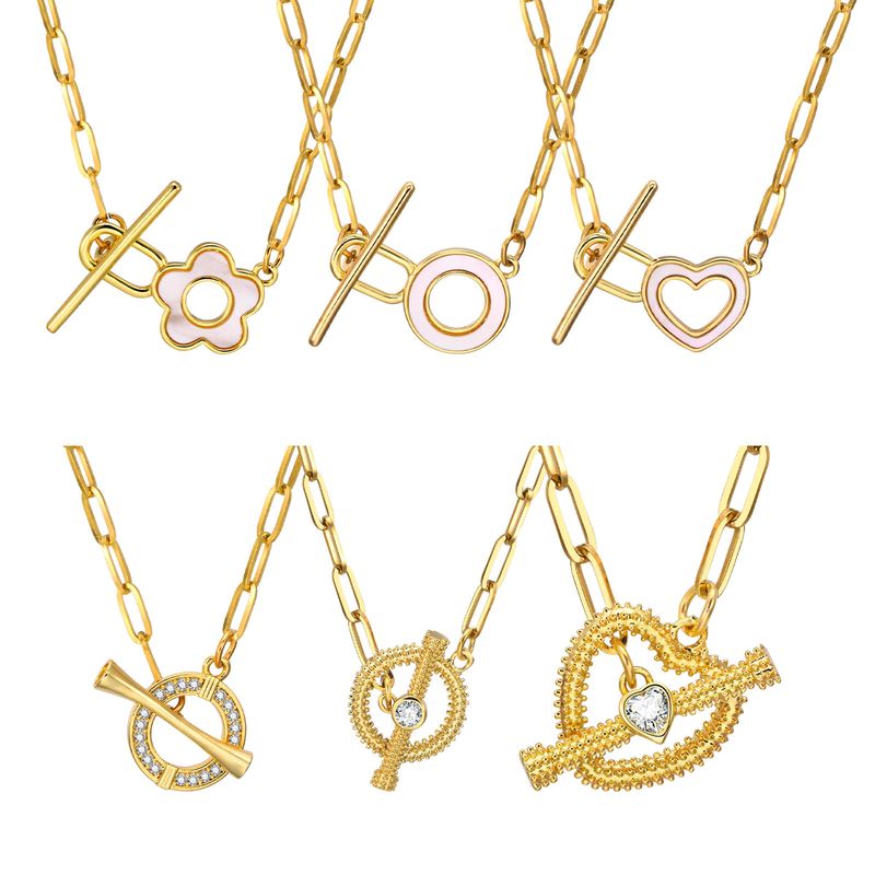 Stainless Steel Copper 18K Gold Plated IG Style Toggle Inlay Round Heart Shape Flower Shell Zircon Necklace