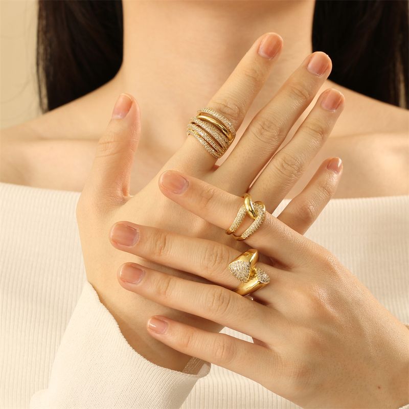 Wholesale Elegant Simple Style Lines Copper Layered Inlay 18K Gold Plated Zircon Open Rings