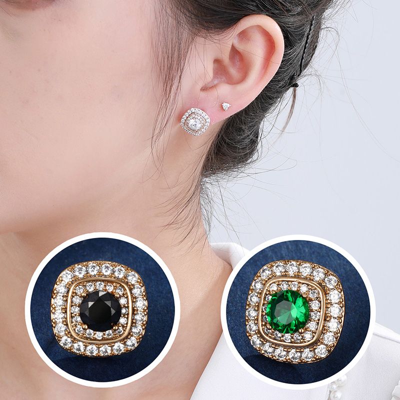 1 Pair Elegant Lady Square Plating Inlay Copper Alloy Artificial Gemstones 18K Gold Plated Ear Studs