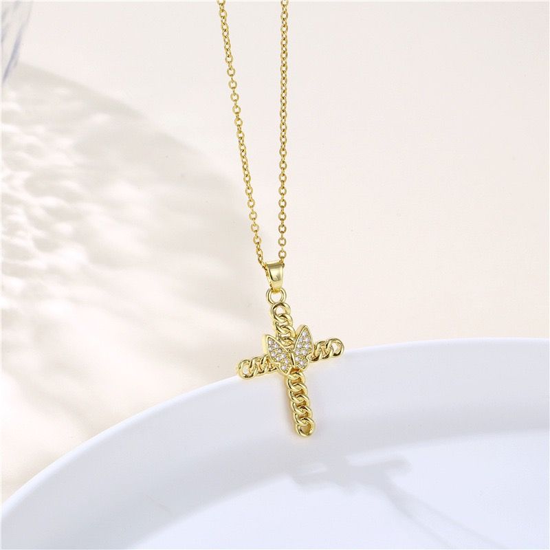Wholesale Jewelry Casual Simple Style Butterfly Cross Stainless Steel Alloy Artificial Diamond Pendant Necklace