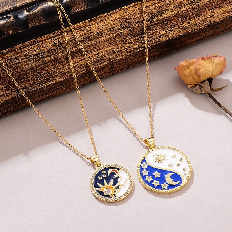 Copper 18K Gold Plated Vintage Style Enamel Inlay Star Moon Zircon Pendant Necklace