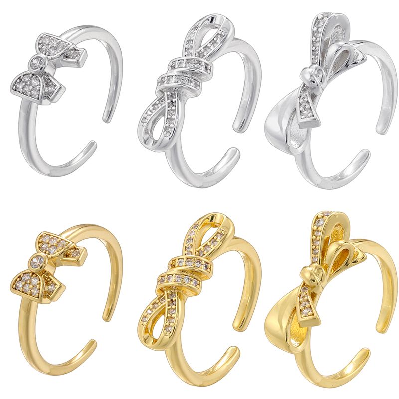 Wholesale Casual Simple Style Bow Knot Copper Plating Inlay 18K Gold Plated Zircon Open Rings