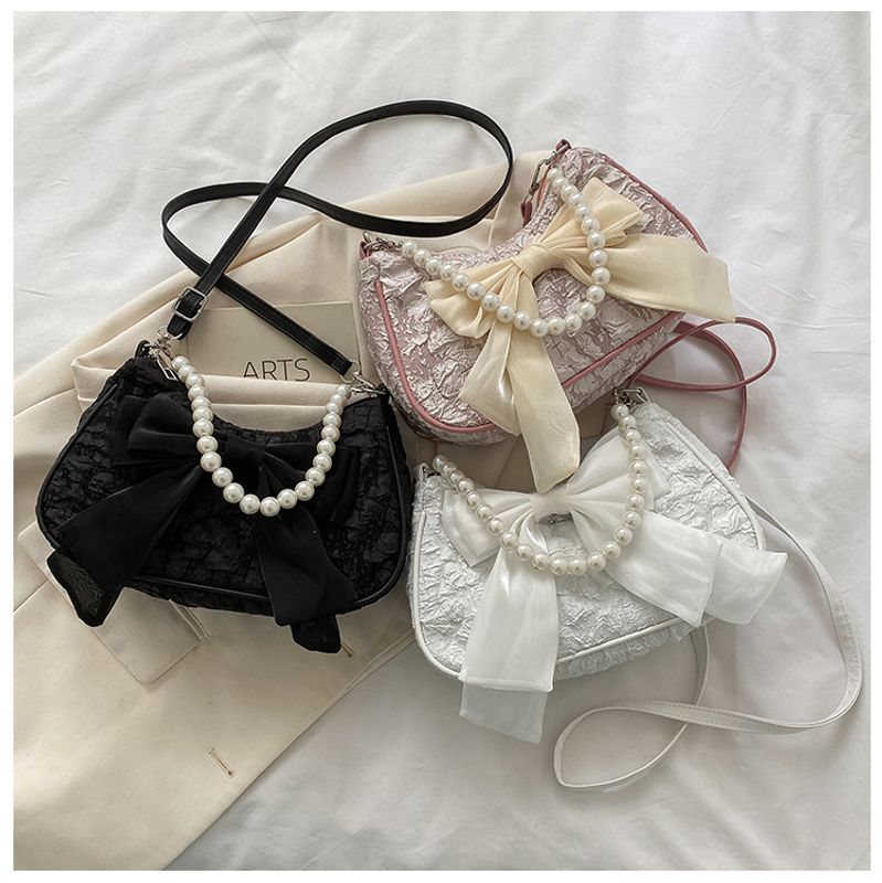 Women's PVC Bow Knot Elegant Pearls Lace Square Zipper Shoulder Bag
