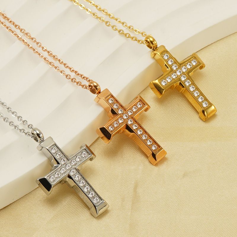 Stainless Steel Titanium Steel Simple Style Classic Style Cross Inlay Zircon Pendant Necklace