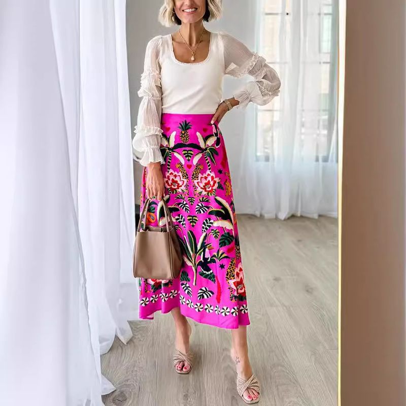 Summer Vacation Plant Flower Polyester Knee-Length Skirts