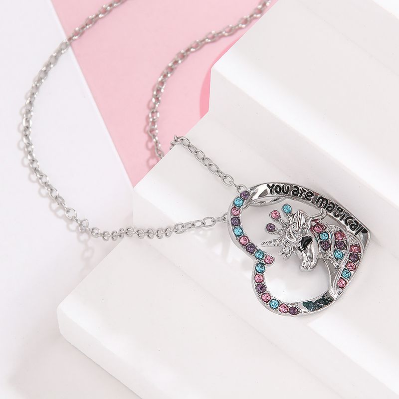 Cute Simple Style Heart Shape Unicorn Alloy Inlay Artificial Diamond Women's Pendant Necklace