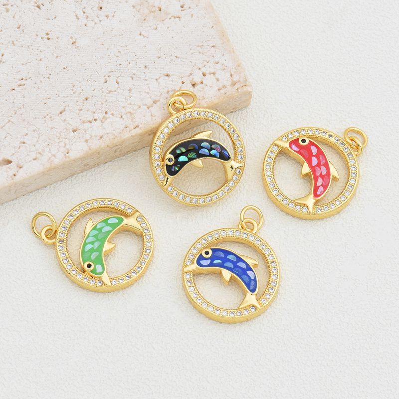 1 Piece 18 * 21mm Copper Shell Zircon 18K Gold Plated Round Dolphin Polished Pendant