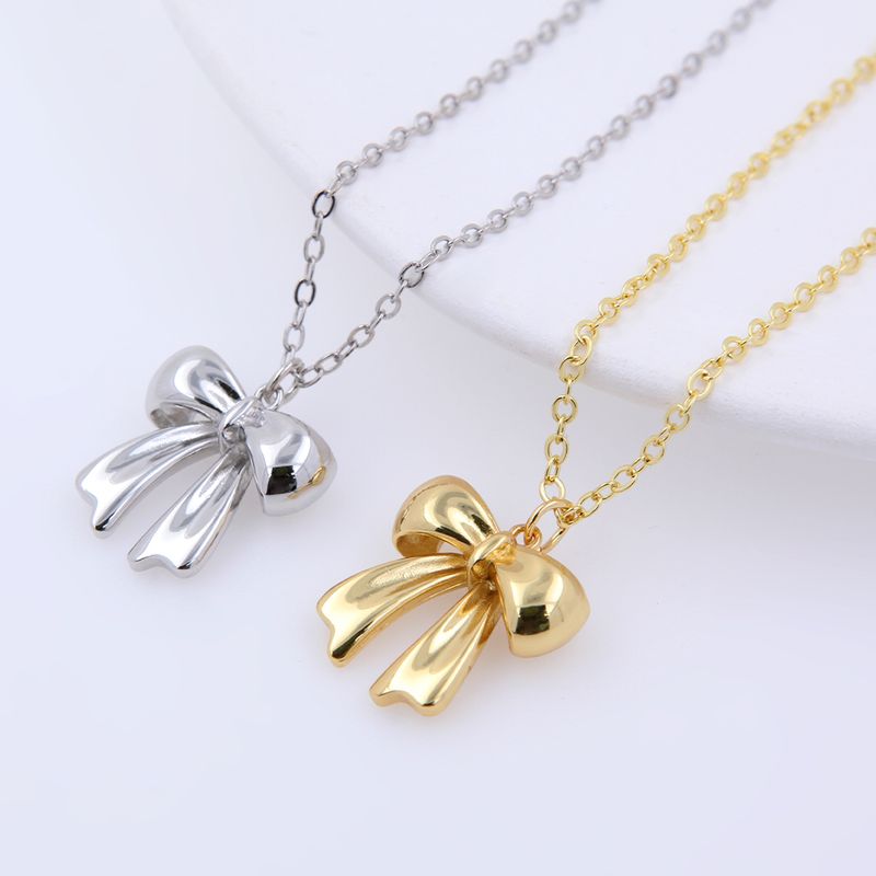 Copper 18K Gold Plated White Gold Plated Cute Solid Color Plating Bow Knot Pendant Necklace