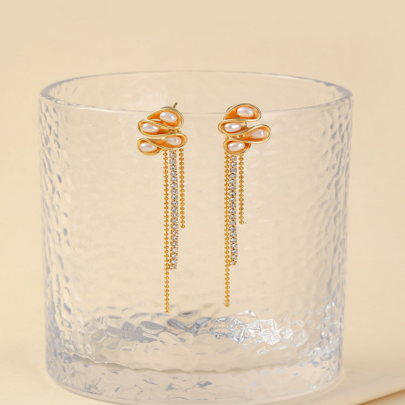 1 Paar IG-Stil Französische Art Rhombus Quaste Kupfer Künstliche Perlen Zirkon 18 Karat Vergoldet Tropfenohrringe