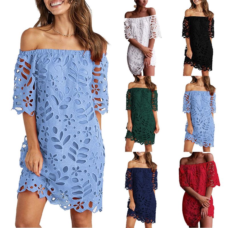 Women's Regular Dress Elegant Boat Neck Lace Short Sleeve Solid Color Knee-Length Holiday Daily Date