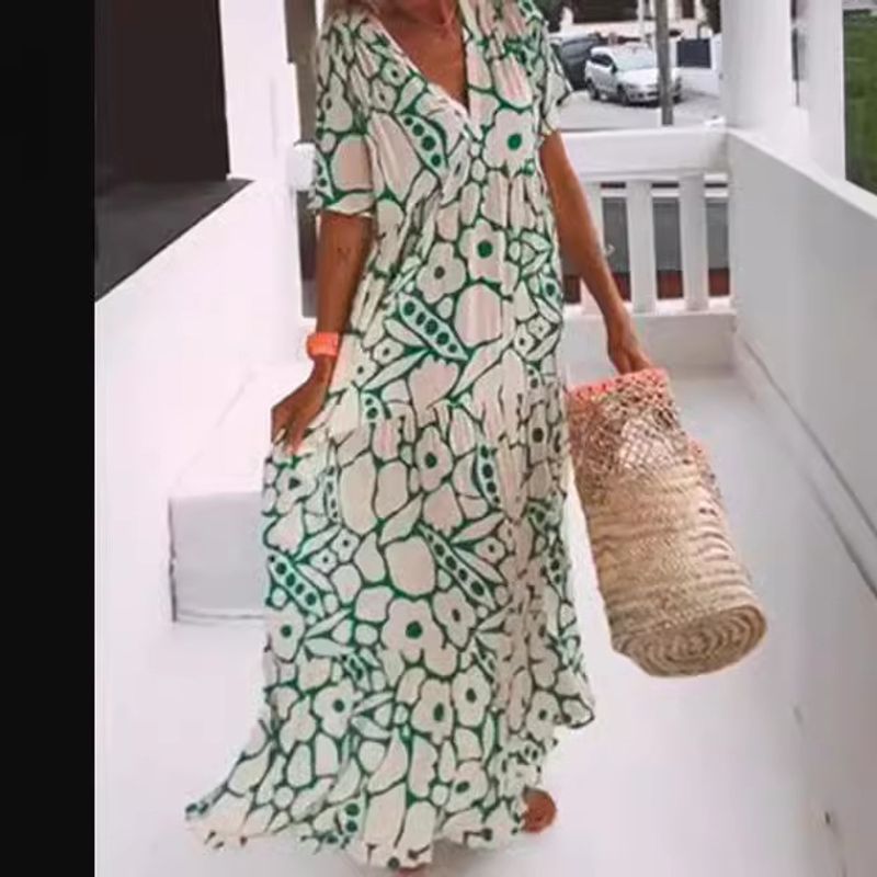 Frau Normales Kleid Einfacher Stil V-Ausschnitt Drucken Kurzarm Blume Maxi Langes Kleid Täglich Strand