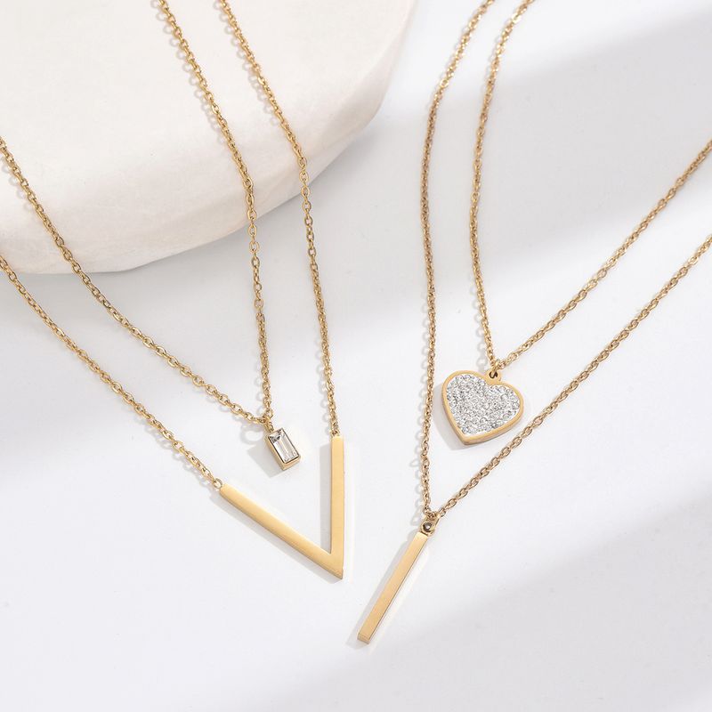 304 Stainless Steel 14K Gold Plated Elegant Glam Plating Inlay V Shape Heart Shape Rhinestones Zircon Double Layer Necklaces