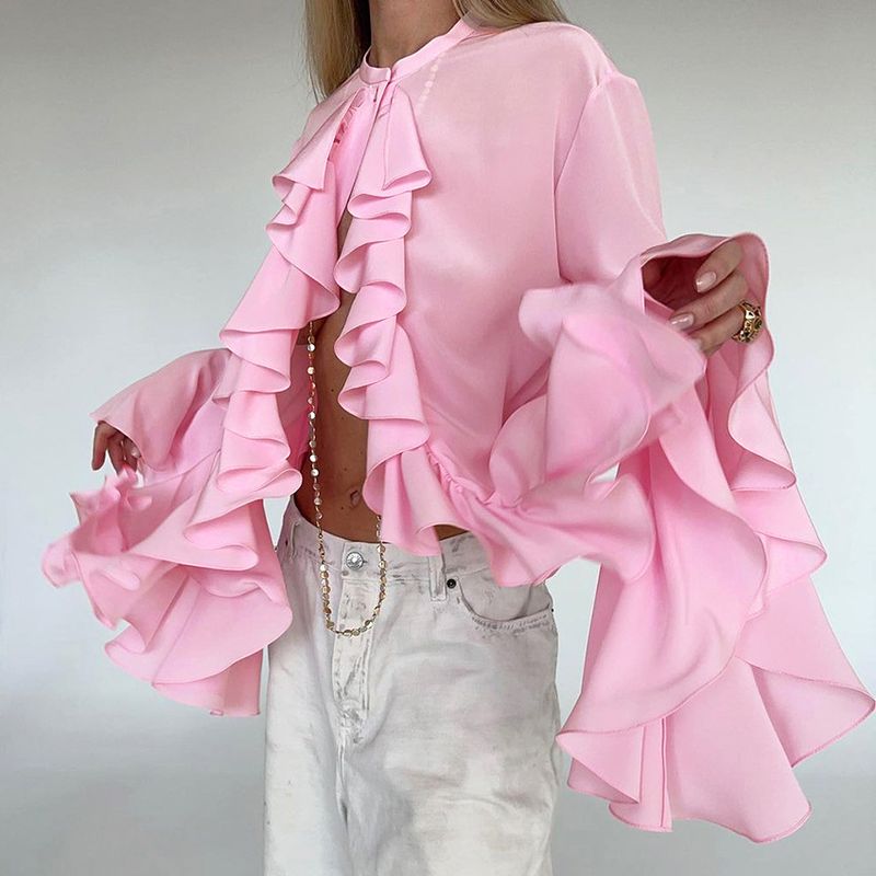 Women's Blouse Long Sleeve Blouses Ruffles Sexy Solid Color