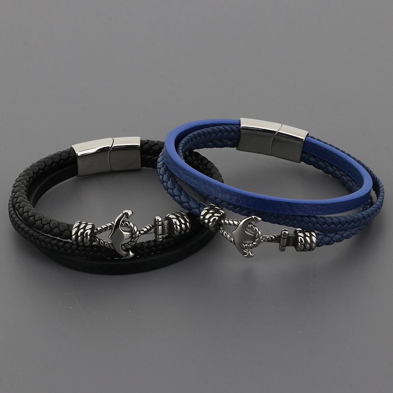 Business Anchor Leather Braid Men's Bangle