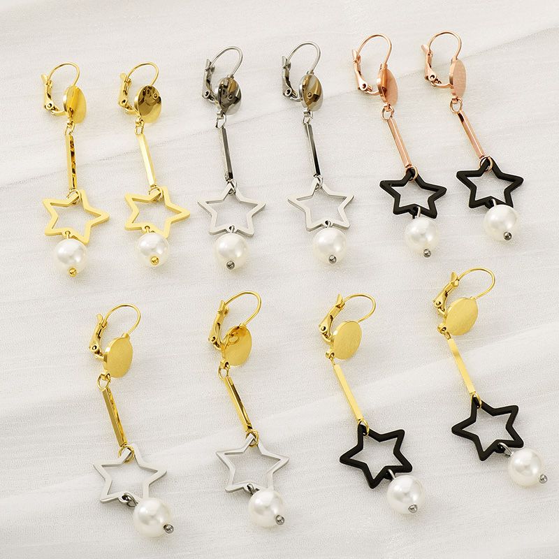 1 Pair Simple Style Star Inlay 304 Stainless Steel Pearl 18K Gold Plated Drop Earrings