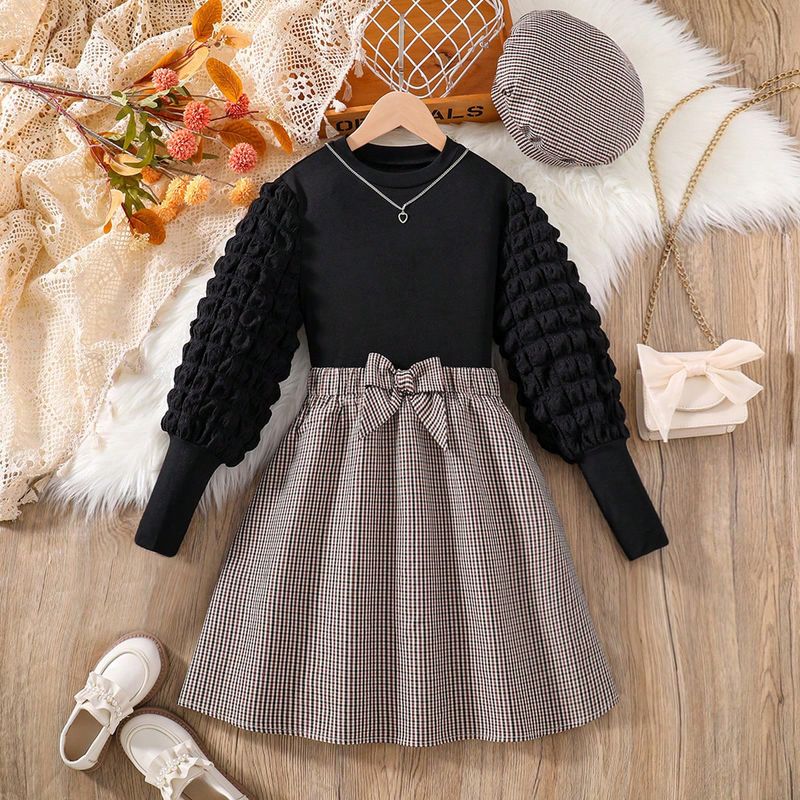 British Style Bow Knot Polyester Girls Clothing Sets