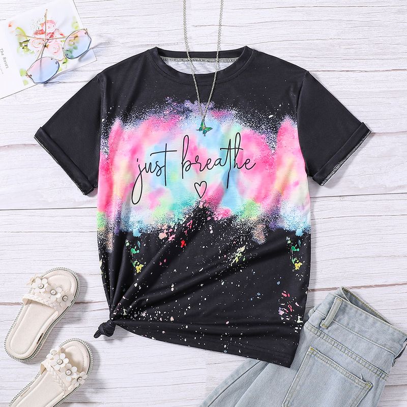 Cute Cartoon Letter Color Block Polyester T-shirts & Blouses