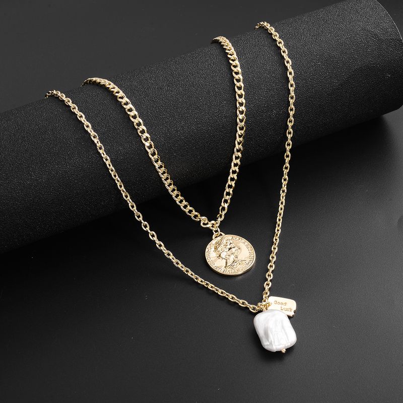 Vintage Style Geometric Freshwater Pearl Copper 18K Gold Plated Women's Double Layer Necklaces