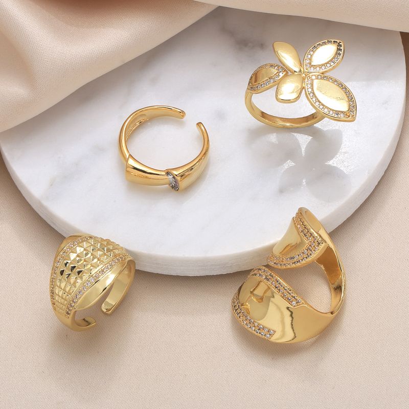 Wholesale Modern Style Simple Style Flower Copper Plating Inlay 18K Gold Plated Zircon Rings