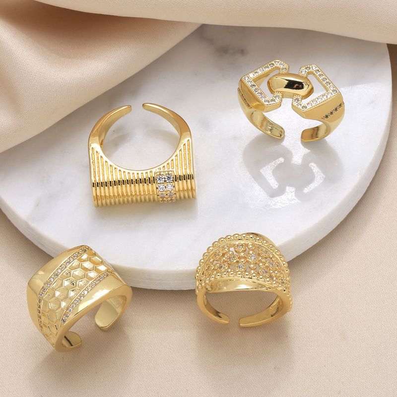 Wholesale Elegant Simple Style Geometric Copper Plating Inlay 18K Gold Plated Zircon Rings