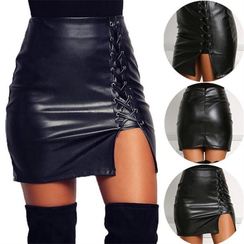 Summer Sexy Solid Color Pu Above Knee Skirts
